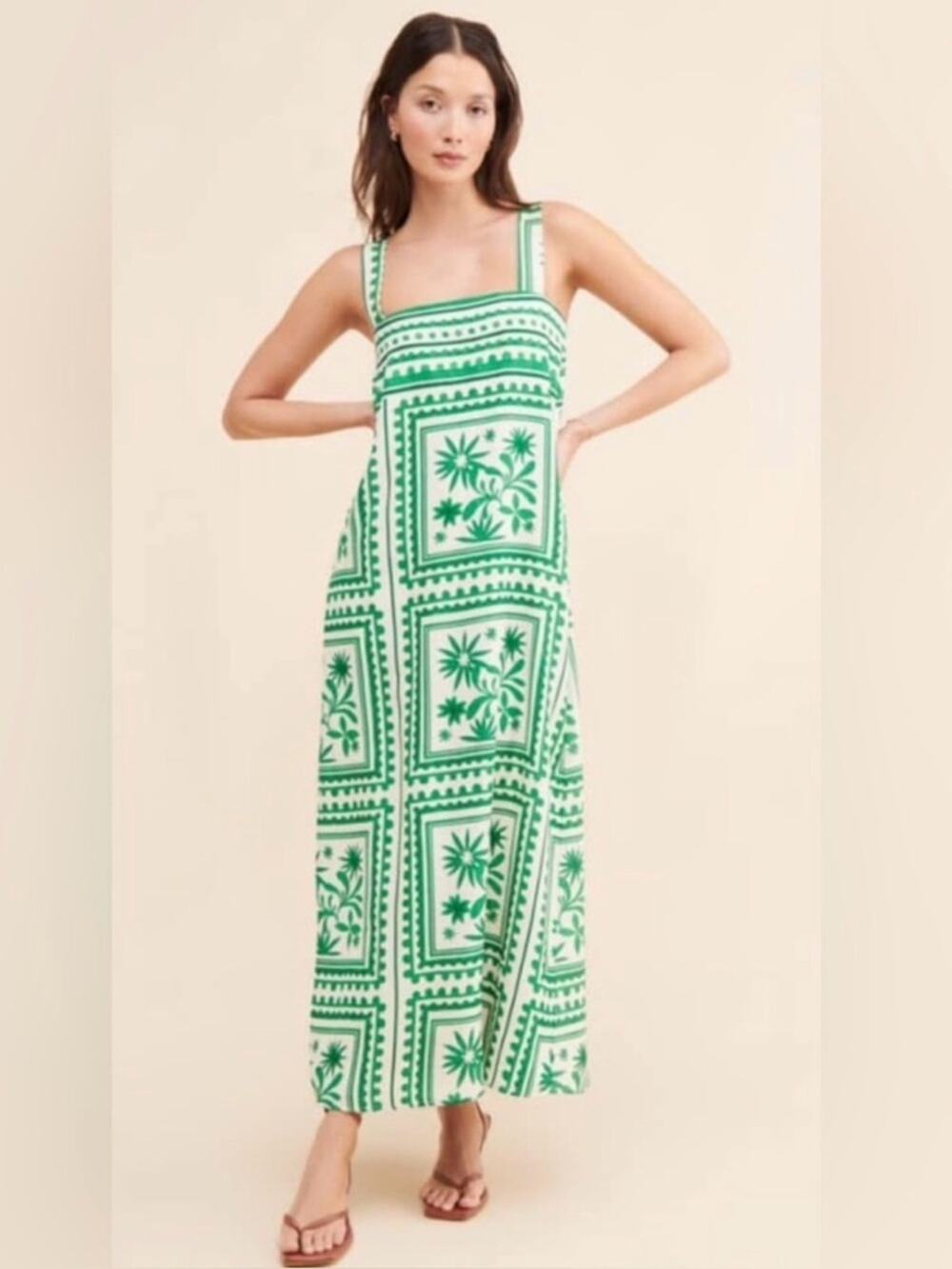 Anthropologie Mon Renn Losas linen emerald tile maxi dress sz S